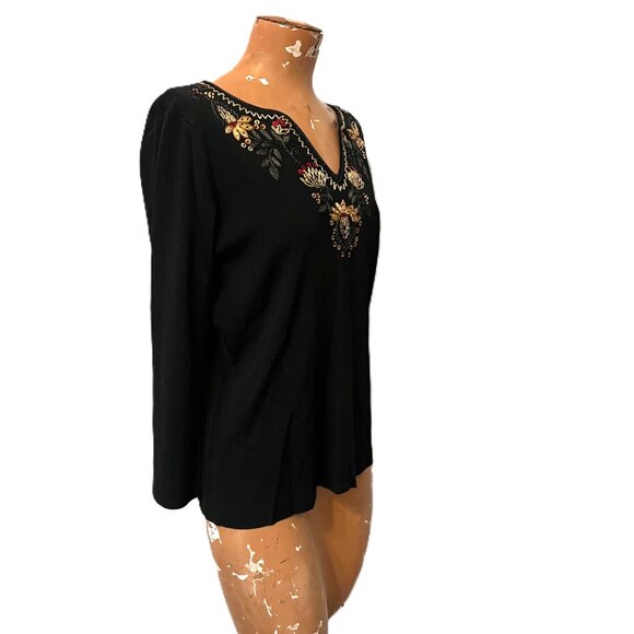 Crossing Pointe Knit Blouse Embroidered Sequin Fall Flowers Medium Cottage NEW - Picture 3 of 6